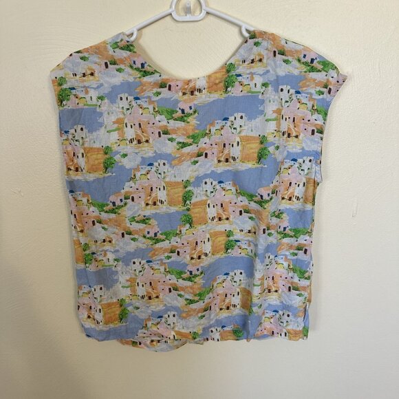 Womens Sleeveless V Neck Button Up Top Scenic Print Linen Blend Large - Picture 2 of 8
